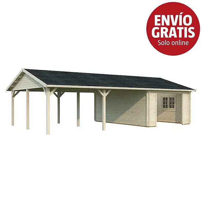 Palmako Garaje con carport Roger sin puerta - Medidas ext. (An x Pr): 1.006 x 619 cm, Natural, Madera, 19 m², Sin tratar - Caseta de jardín de madera clara con carport adjunto y techo oscuro.