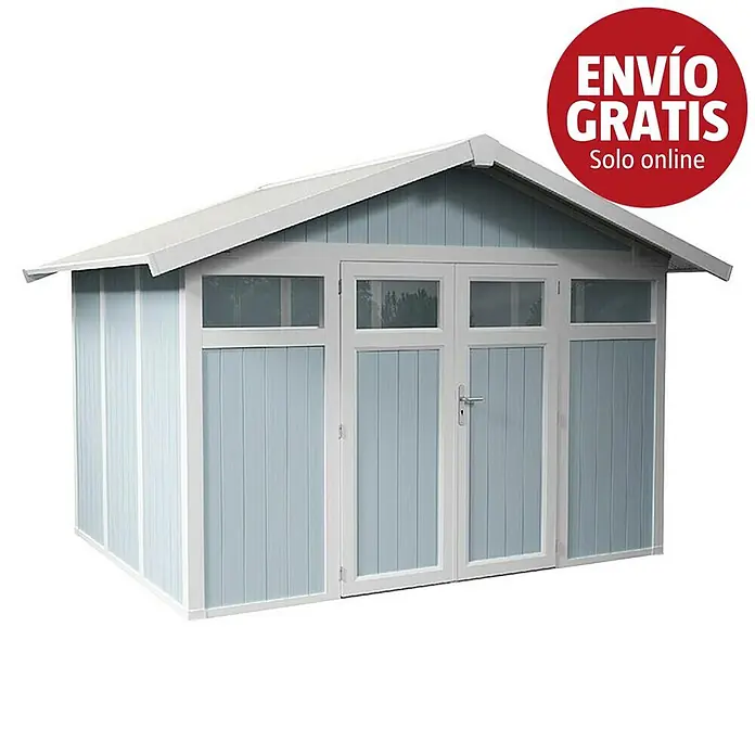 Grosfillex Caseta para jardín Utility - Medidas ext. (An x Pr): 370 x 298 cm, Plástico, Gris azulado - Caseta de jardín azul claro y blanca con puertas dobles y ventanas.