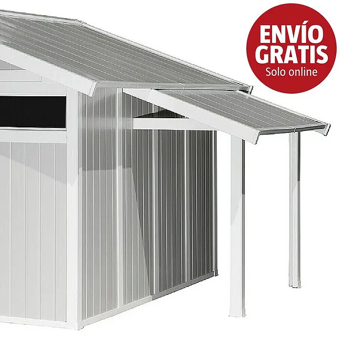Grosfillex Techo inclinado adosado - Específico para: Casetas de jardín Grosfillex a partir de 7,5 m², Blanco/Gris - Cobertizo metálico gris y blanco con un porche frontal sostenido por dos postes.