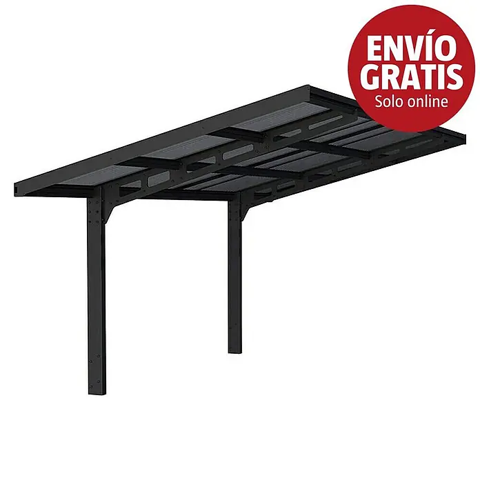 Palram – Canopia Carport Sydney Wave - Medidas ext. (An x Pr): 2,86 x 5,86 m, Negro - Cochera de metal gris oscuro con techo plano, dos postes de soporte y una insignia roja que dice 'ENVÍO GRATIS Solo online'.
