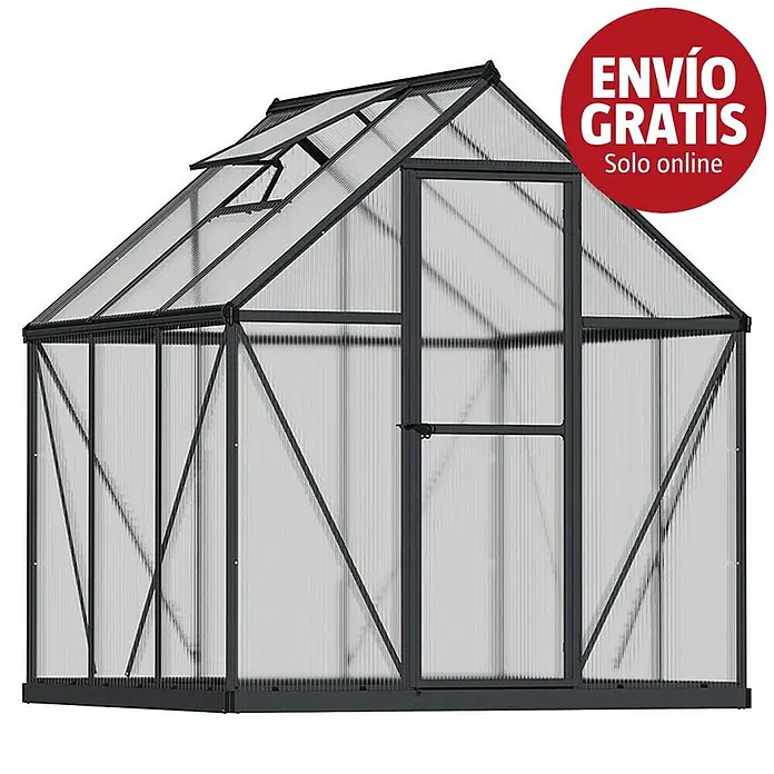 Palram – Canopia Invernadero Mythos - Medidas ext. (An x Pr): 185 x 186 cm, Material de la pared lateral: Plástico, 4 mm, Gris - Invernadero con estructura de metal gris oscuro, paneles translúcidos, ventana de techo abatible y puerta.