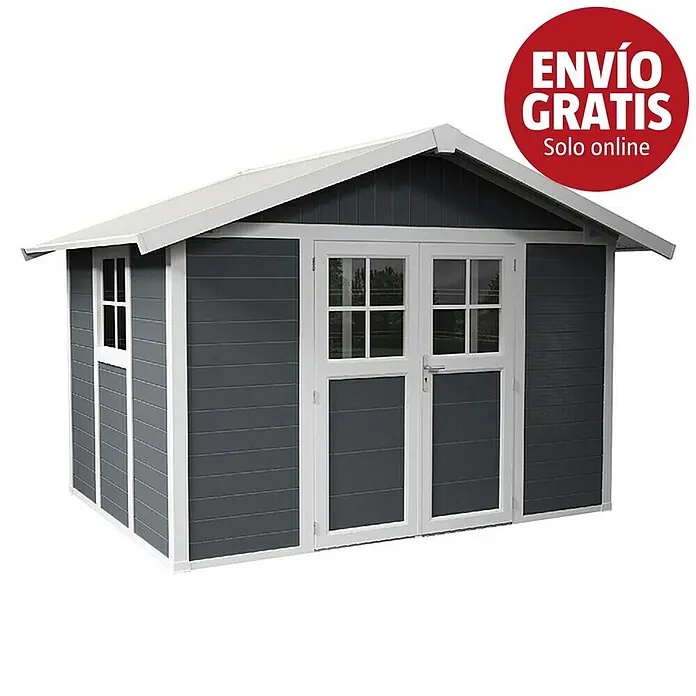 Grosfillex Caseta para jardín Deco - Medidas ext. (An x Pr): 370 x 298 cm, Plástico, Gris oscuro, 7,5 m² - Caseta de jardín moderna gris oscuro con molduras blancas, puertas dobles y ventanas.