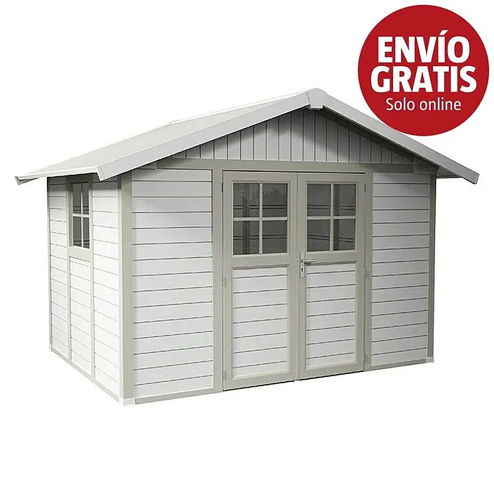 Grosfillex Caseta para jardín Deco - Medidas ext. (An x Pr): 370 x 298 cm, Plástico, Blanco/Gris verdoso, 7,5 m² - Caseta de jardín blanca y gris con puertas dobles y ventana lateral.