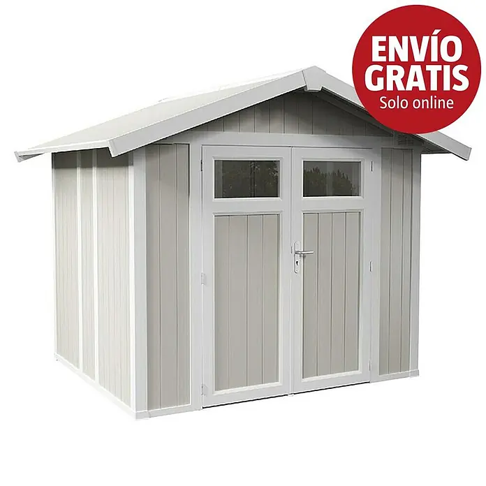 Grosfillex Caseta para jardín Utility - Medidas ext. (An x Pr): 295 x 261 cm, Plástico, Verde grisáceo - Caseta de jardín gris claro y blanco con tejado a dos aguas y puertas dobles con ventanas.
