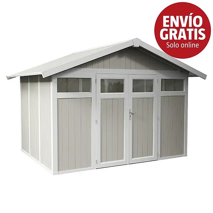 Grosfillex Caseta para jardín Utility - Medidas ext. (An x Pr): 370 x 298 cm, Plástico, Verde grisáceo - Caseta de jardín gris claro y blanco con tejado a dos aguas, puertas dobles y ventanas.