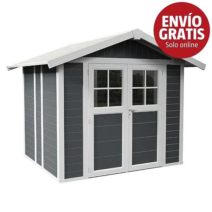 Grosfillex Caseta para jardín Deco - Medidas ext. (An x Pr): 295 x 261 cm, Plástico, Gris oscuro, 4,9 m² - Caseta de jardín gris con molduras blancas, puertas dobles y ventanas.