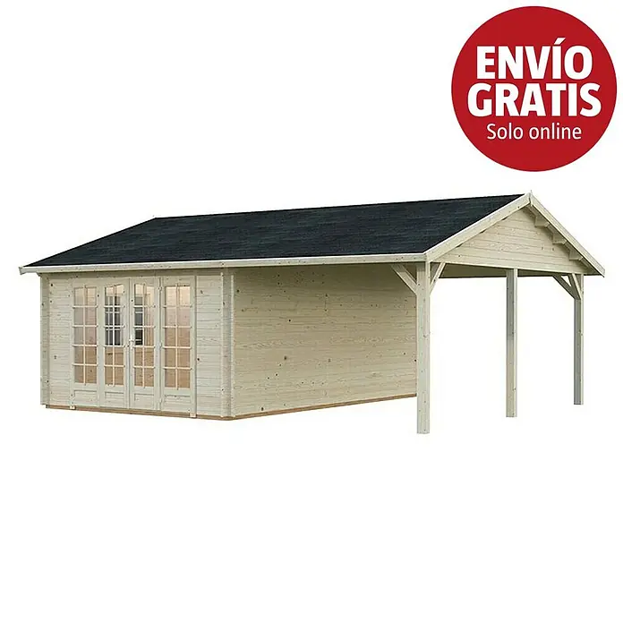 Palmako Caseta de jardín Irene - Medidas ext. (An x Pr): 703 x 619 cm, Madera sin tratar, Natural - Caseta de madera clara con tejado negro, puertas dobles y cochera integrada.