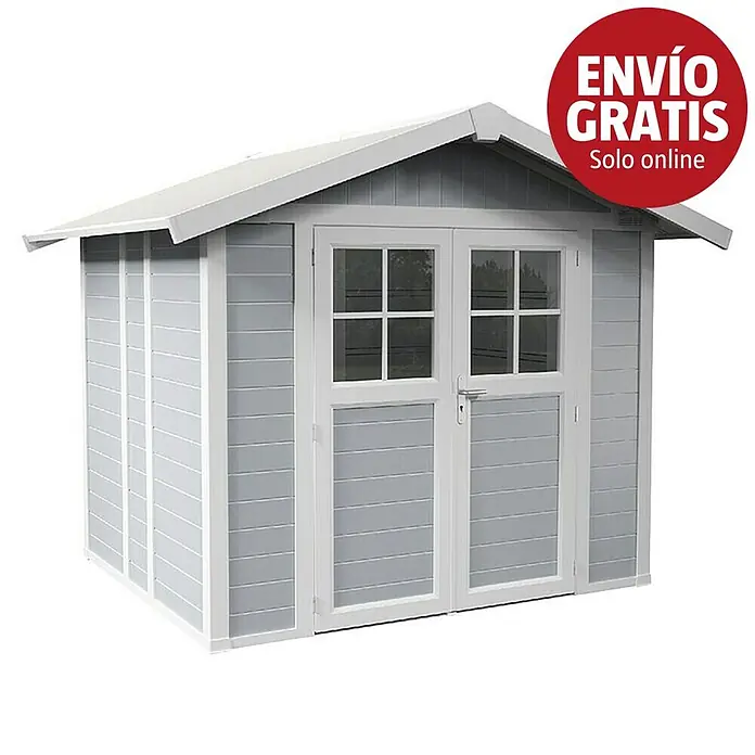 Grosfillex Caseta para jardín Deco - Medidas ext. (An x Pr): 295 x 261 cm, Plástico, Gris claro, 4,9 m² - Caseta de jardín de madera gris y blanca con puertas dobles, ventanas y tejado a dos aguas.