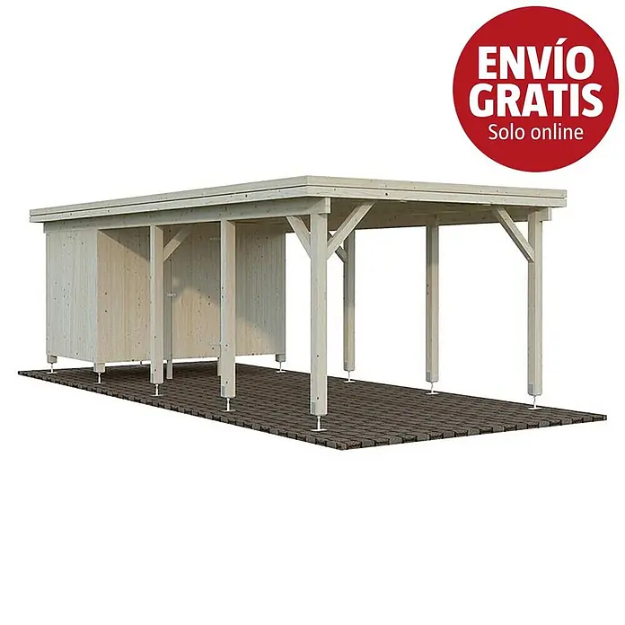 Palmako Carport con trastero Karl - Medidas ext. (An x Pr): 315 x 732 cm, Carport individual, Natural - Carport de madera clara con techo plano y trastero integrado, sobre suelo oscuro.