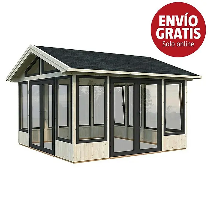 Palmako Caseta de jardín Isabella - Medidas ext. (An x Pr): 465 x 465 cm, Madera sin tratar, Natural - Un cenador de madera clara con ventanas y puertas de marco oscuro y techo oscuro.