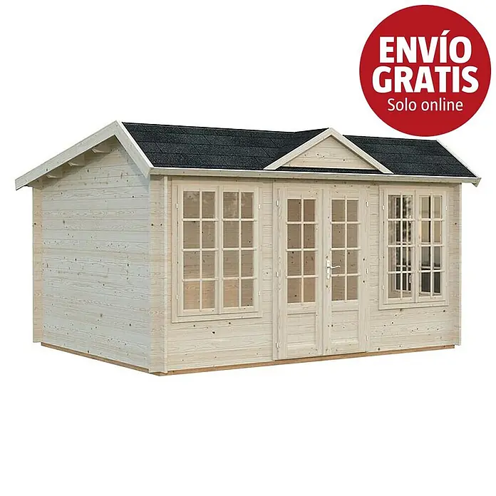 Palmako Caseta de jardín Claudia Baja - Medidas ext. (An x Pr): 440 x 346 cm, Madera sin tratar, Natural - Caseta de jardín de madera clara con techo oscuro, con puertas dobles y varias ventanas.