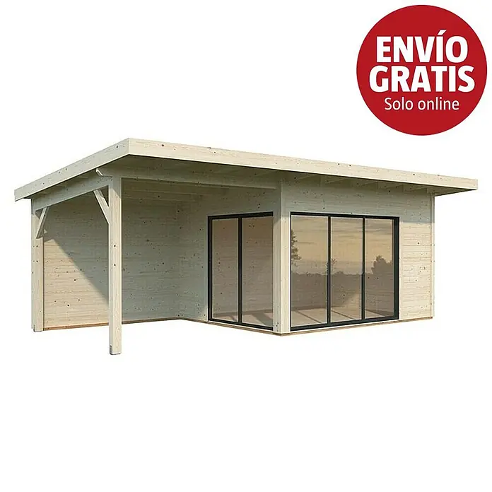 Palmako Caseta de jardín Andrea Slide Plus - Medidas ext. (An x Pr): 715 x 402 cm, Madera, Natural - Caseta de jardín de madera clara con porche integrado y puertas correderas de cristal.