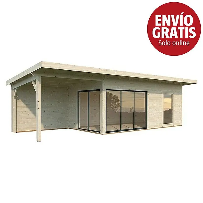 Palmako Caseta de jardín Andrea Slide Plus - Medidas ext. (An x Pr): 920 x 402 cm, Madera, Natural - Caseta de jardín de madera clara con porche cubierto y puertas correderas de cristal.