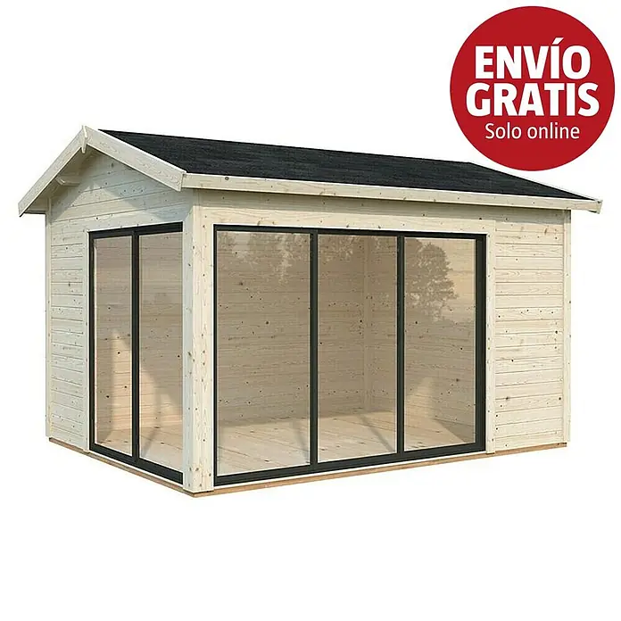 Palmako Caseta de jardín Amanda Slide Plus - Medidas ext. (An x Pr): 434 x 340 cm, Madera, Natural - Caseta de jardín de madera clara con techo negro y grandes puertas correderas de cristal con marco negro.