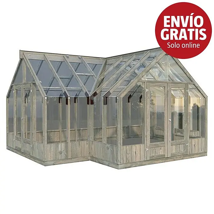 Palmako Invernadero Emilia XL - Medidas ext. (An x Pr): 421 x 543 cm, Madera, 18 mm, Gris - Invernadero de madera en forma de L con paneles transparentes.