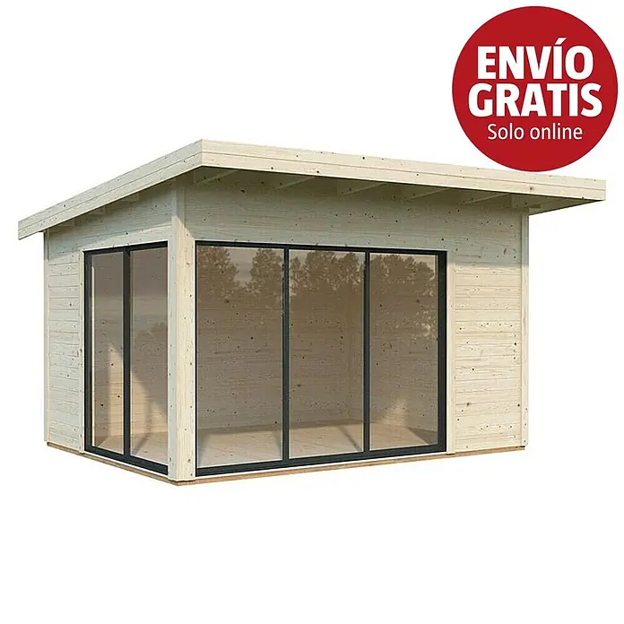 Palmako Caseta de jardín Andrea Slide - Medidas ext. (An x Pr): 434 x 402 cm, Madera, Natural - Caseta de jardín moderna de madera clara con techo plano y grandes puertas correderas de cristal con marco negro en dos lados.