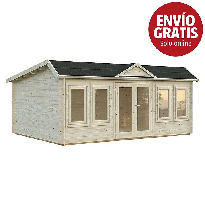 Palmako Caseta de jardín Claudia Baja - Medidas ext. (An x Pr): 578 x 425 cm, Madera sin tratar, Natural - Caseta de jardín de madera clara con techo oscuro, ventanas y puertas dobles.