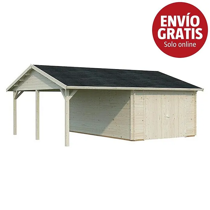 Palmako Garaje con carport Roger con puerta abatible - Medidas ext. (An x Pr): 703 cm x 619 m, Natural, Madera, 19 m², Incluye puerta de madera - Caseta de madera clara con carport anexo y techo negro. Insignia roja: ENVÍO GRATIS Solo online.