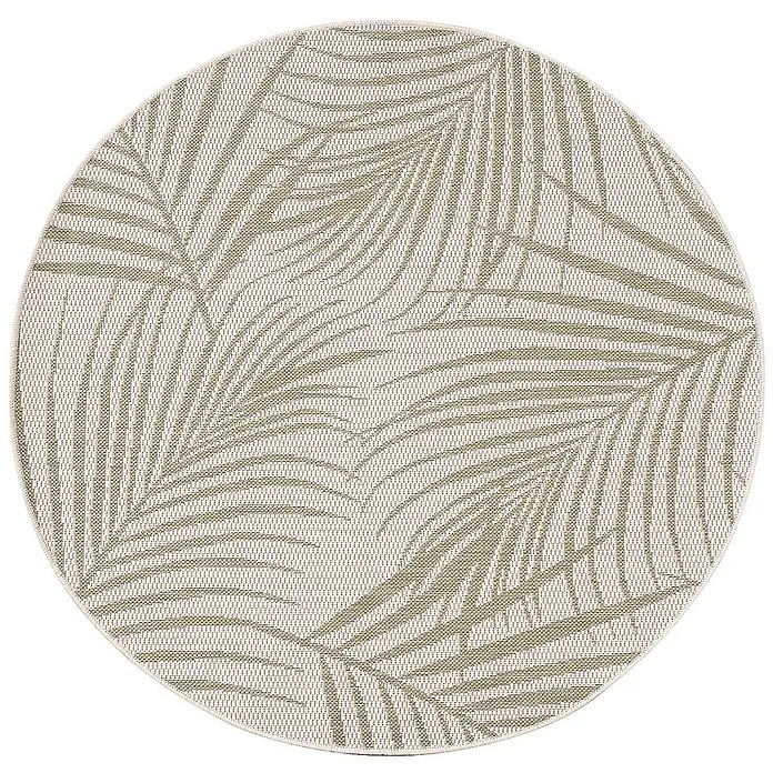 Dekoria Teppich Lineo beige/jungle green 120cm -  - Rund gewebter Teppich mit hellem Hintergrund und mattgrünem Palmenblattmuster.
