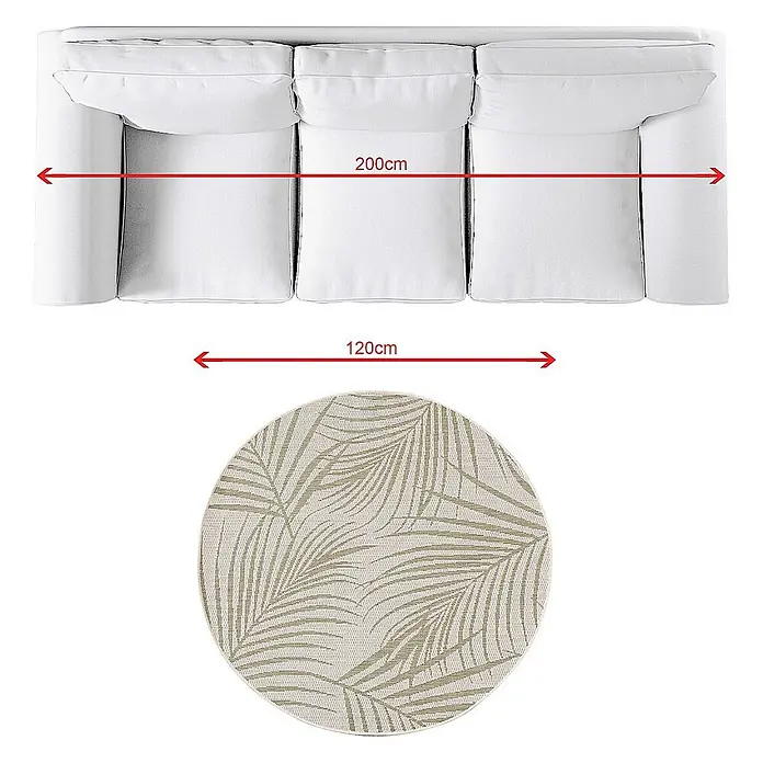 Dekoria Teppich Lineo beige/jungle green 120cm -  - Weißes Dreisitzer-Sofa, 200cm breit, und runder Teppich mit grünem Palmenblattmuster, 120cm Durchmesser.