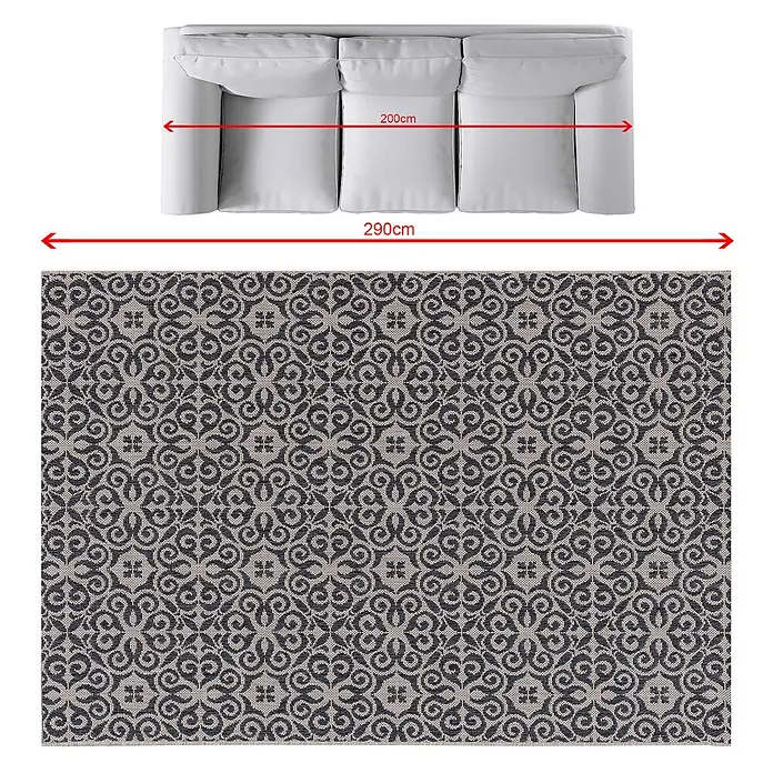 Dekoria Teppich Modern Ethno sand/ anthracite 200x290cm -  - Hellgraues 3-Sitzer-Sofa und rechteckiger grauer gemusterter Teppich, Sofa Gesamtbreite 290cm.