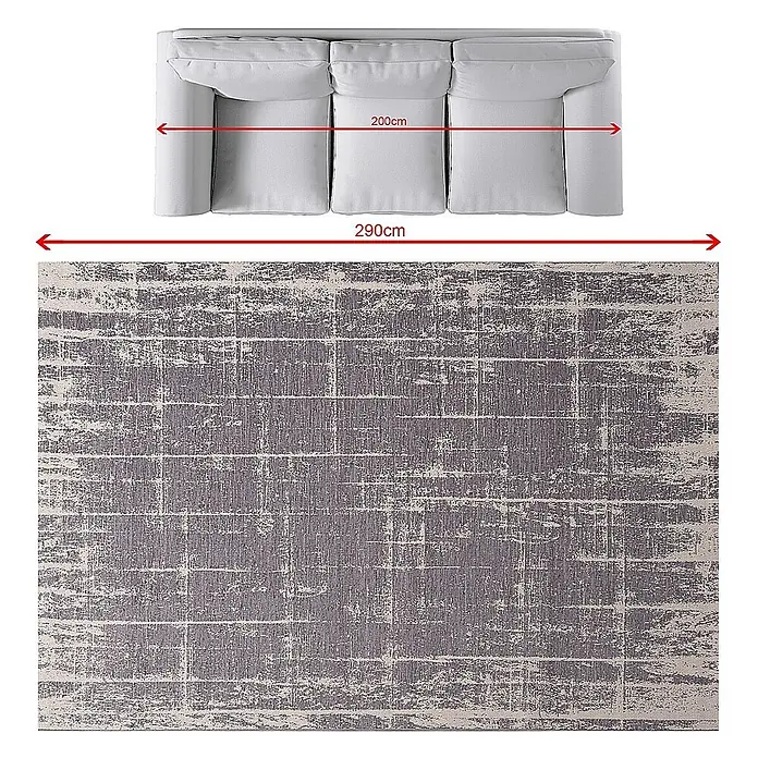 Dekoria Teppich Velvet beige/dark grey 200x290cm -  - Graues Sofa mit 290cm Breite (200cm Sitzfläche) und gemustertem grauem Teppich.