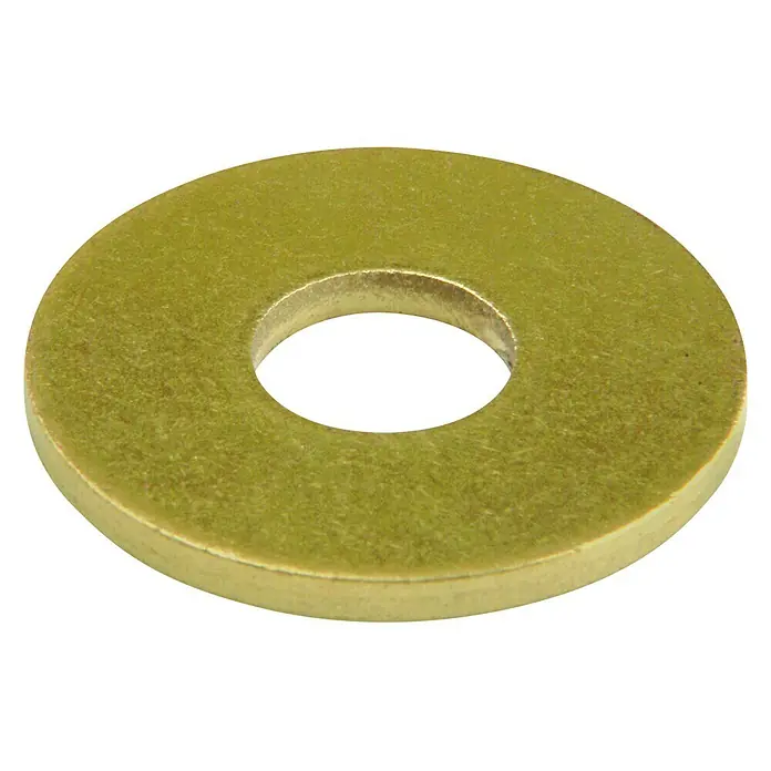 Karosseriescheibe - Innendurchmesser: 8,4 mm, Außendurchmesser: 24 mm, Messing, Blank, 8 Stk., DIN 9021 - Nahaufnahme einer goldfarbenen Unterlegscheibe, ein Befestigungselement mit einem Loch in der Mitte, verwendet um die Last einer Schraube zu verteilen.