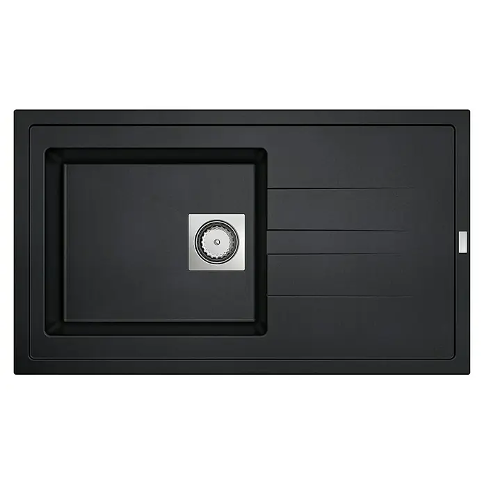 Carea Einbauspüle Tango - 86 x 50 cm, Schwarz, Material Spüle: CAREAlith® - Bild einer rechteckigen schwarzen Spüle mit einem Becken und einer Abtropffläche. Die Spüle hat ein modernes, minimalistisches Design.