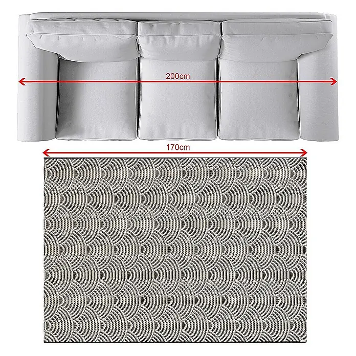 Dekoria Teppich Jersey Home beige/black 120x170cm -  - Hellgraues Sofa, 200 cm breit, kombiniert mit einem 170 cm breiten gemusterten Teppich.