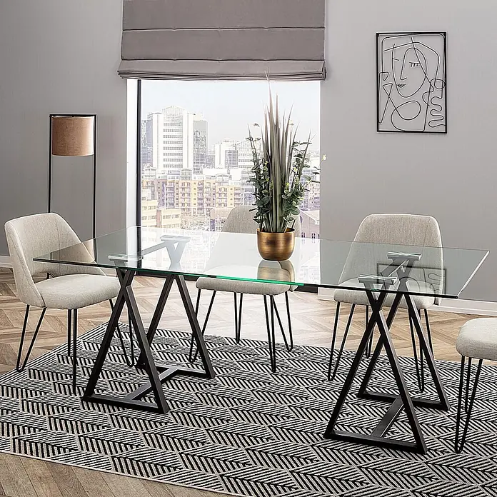 Dekoria Teppich Cottage 200x290cm -  - Moderner Glastisch mit schwarzem, geometrischem Metallgestell in einem zeitgenössischen Esszimmer.