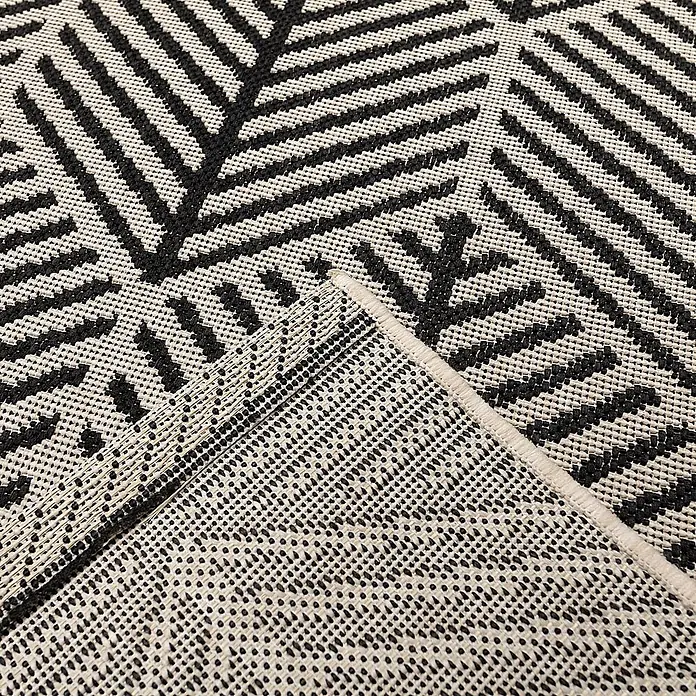 Dekoria Teppich Cottage 200x290cm -  - Schwarz-weißer Teppich mit geometrischem Muster, Ecke umgeschlagen zeigt die Webtextur.