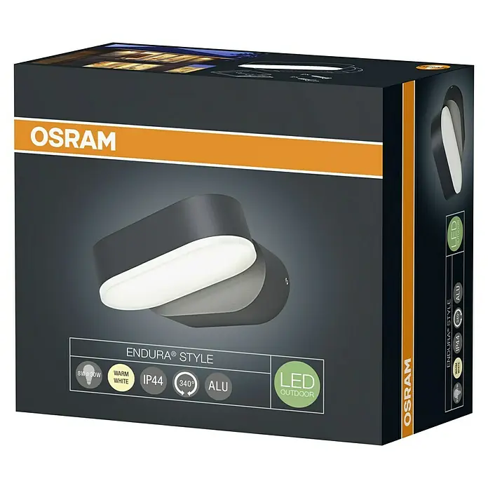 Ledvance LED-Außenwandleuchte Endura Style Mini Spot - 8 W, 100 x 230 x 54 mm, Grau, IP44 - Verpackung der Osram Endura Style LED-Außenleuchte, mit Produktdetails wie 8W Leistung, warmweißem Licht, IP44-Schutz und Aluminiumgehäuse.