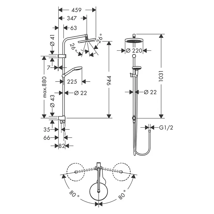 Hansgrohe Duschsystem My Select S Showerpipe 220 - Lochabstand: 88 cm, Anzahl Strahlarten: 3 Stk., Chrom - Maßzeichnung der Duschgarnitur, die die Abmessungen und Winkel des Produkts zeigt, einschließlich der Gesamthöhe und des Durchmessers des Duschkopfs.