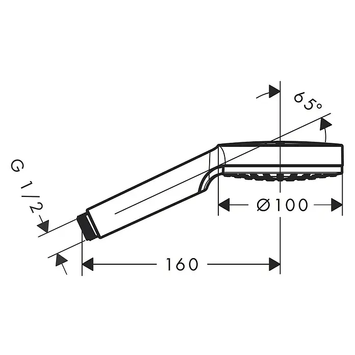 Hansgrohe Crometta Handbrause 1 Jet - Anzahl Funktionen: 1 Stk., Durchmesser: 10 cm, Chrom - Technische Zeichnung einer Handbrause mit Maßen und Winkelangaben zur Installation im Badezimmer.