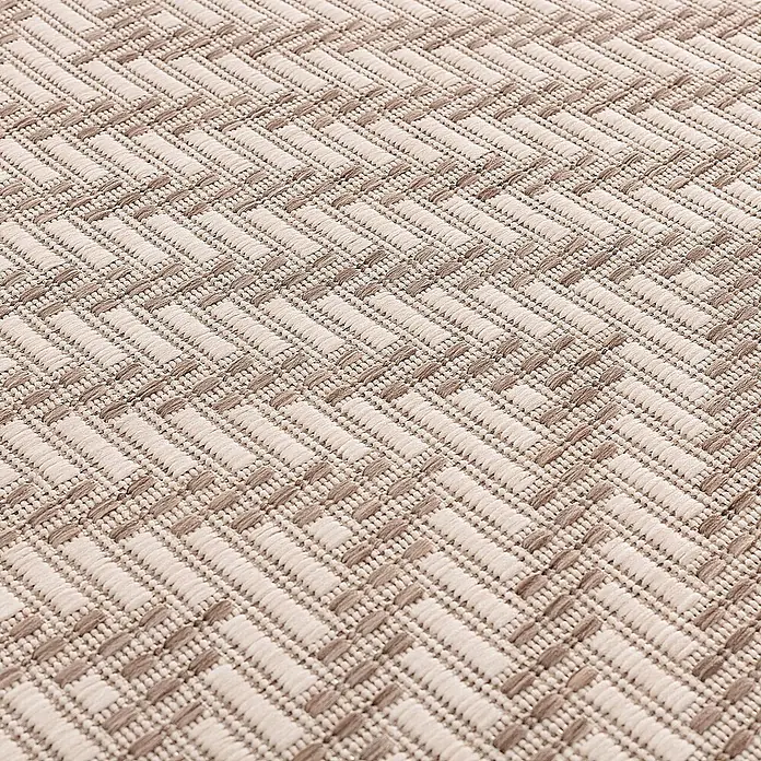 Dekoria Teppich Lineo beige/mink 120cm -  - Gewebter Textil mit beigem und braunem Fischgrätmuster.