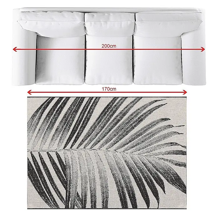 Dekoria Teppich Lineo beige/black 120x170cm -  - Weißes Dreisitzer-Sofa, 200 cm breit, mit einem 170 cm breiten Teppich mit schwarzem und weißem Palmenblattmuster.