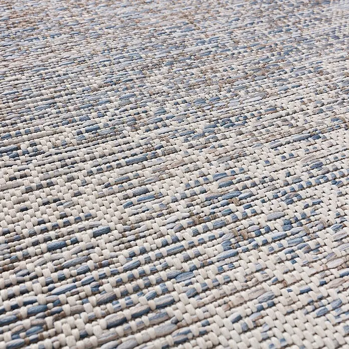Dekoria Teppich Breeze beige/raw blue 120x170cm -  - Nahaufnahme eines strukturierten Webteppichs mit blauen, beigen und cremefarbenen Streifen.