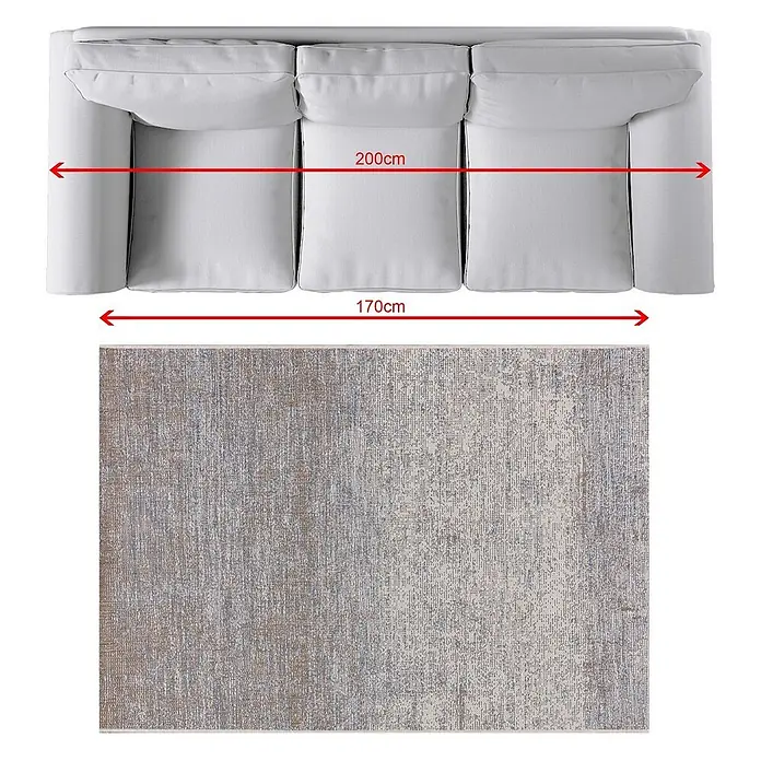 Dekoria Teppich Breeze beige/raw blue 120x170cm -  - Hellgraues 3-Sitzer-Sofa (200 cm) und gemusterter Teppich (170 cm breit) mit Braun-, Grau- und Blautönen, von oben gesehen.