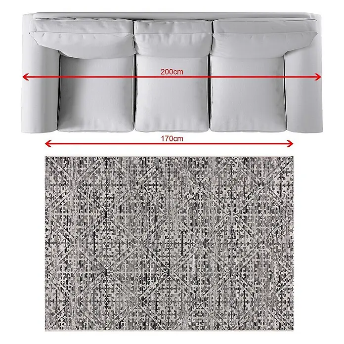 Dekoria Teppich Breeze beige/charcoal grey 120x170cm -  - Weißes Dreisitzer-Sofa von oben mit gemustertem Teppich davor. Sofa-Breite 200cm, Teppich-Breite 170cm.