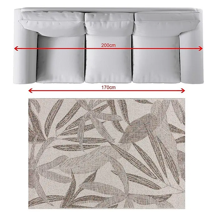 Dekoria Teppich Gottage beige/ multicolour 120x170cm -  - Hellgraues 3-Sitzer Sofa (200cm Gesamtbreite, 170cm Innenbreite) mit einem rechteckigen Teppich mit Blattmuster.