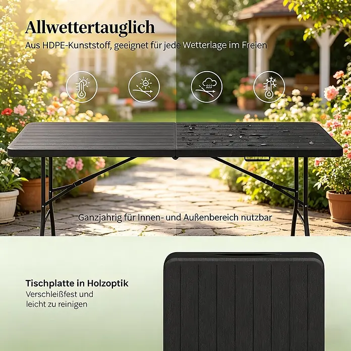 SONNENH Gartentisch klappbar HDPE/Metall Schwarz 180 cm -  - Schwarzer HDPE Klapptisch in Holzoptik. Allwettertauglich für Innen- und Außenbereich.
