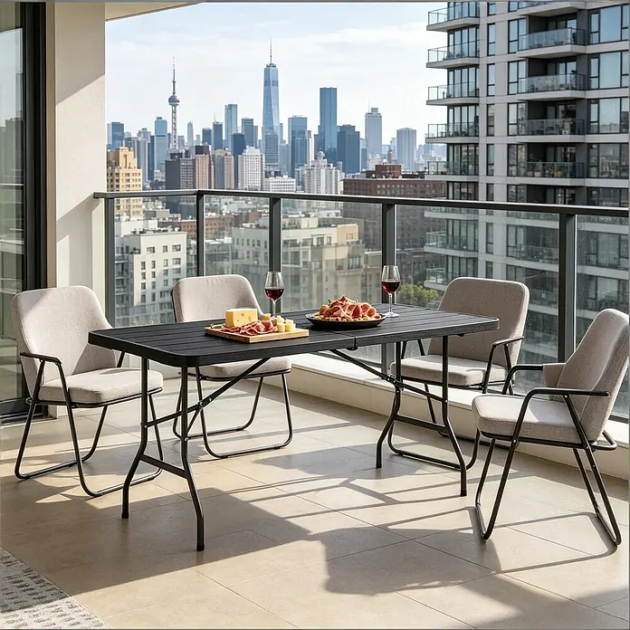 SONNENH Gartentisch klappbar HDPE/Metall Schwarz 180 cm -  - Ein schwarzer Klapptisch und vier hellbeige Stühle stehen mit Essen und Wein auf einem Balkon mit Stadtblick.