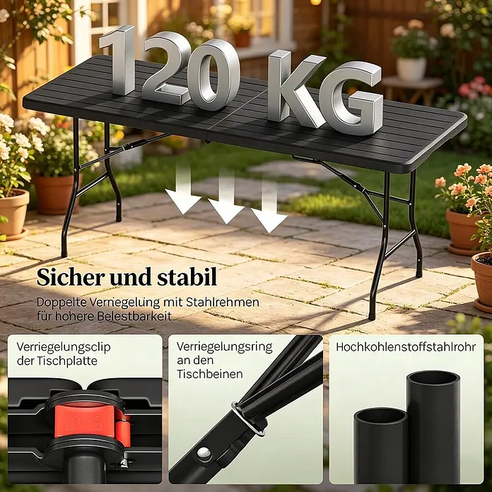 SONNENH Gartentisch klappbar HDPE/Metall Schwarz 180 cm -  - Schwarzer Klapptisch im Garten, der seine Tragfähigkeit von 120 kg und stabile Verriegelungsmechanismen mit Stahlbeinen hervorhebt.
