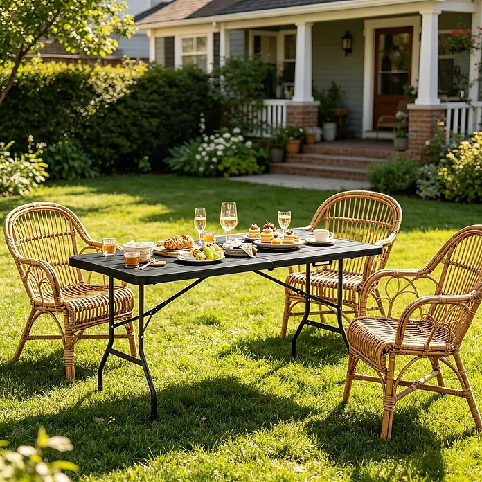 SONNENH Gartentisch klappbar HDPE/Metall Schwarz 180 cm -  - Ein schwarzer rechteckiger Klapptisch, im Freien gedeckt mit Speisen und Getränken, umgeben von vier Rattanstühlen.