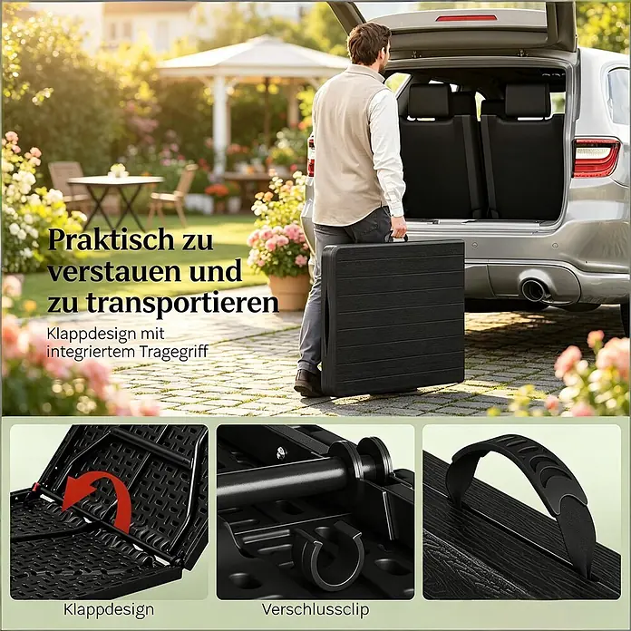 SONNENH Gartentisch klappbar HDPE/Metall Schwarz 180 cm -  - Schwarzer Klapptisch mit integriertem Tragegriff, gezeigt beim Verstauen im Auto, inklusive Details zu Klappmechanismus und Verschlussclip.