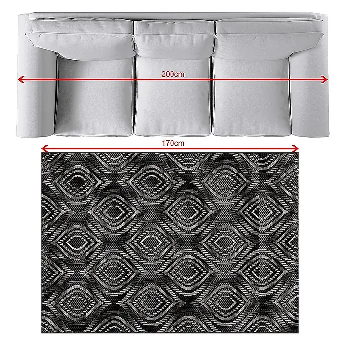 Dekoria Teppich Breeze black/ clif grey 120 x 170 cm -  - Helles graues Sofa (200cm breit) und dunkler Teppich mit Rautenmuster (170cm breit).