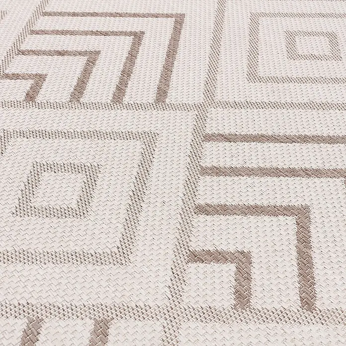 Dekoria Teppich Lineo Geometric beige/mink 200x290cm -  - Heller beigefarbener Webteppich mit wiederkehrendem braunem geometrischem Muster, für Innen- oder Außenbereich.