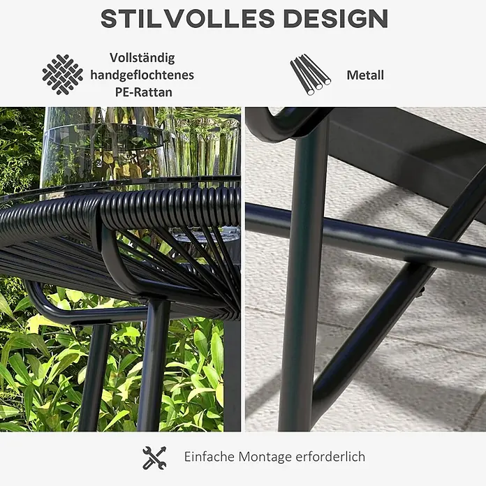 SONNENH Garten-Beistelltisch 50 x 50 x 50 cm Schwarz aus Rattan -  - Detailaufnahme von schwarzen PE-Rattan-Gartenmöbeln mit Metallrahmen und Gläsern darauf.
