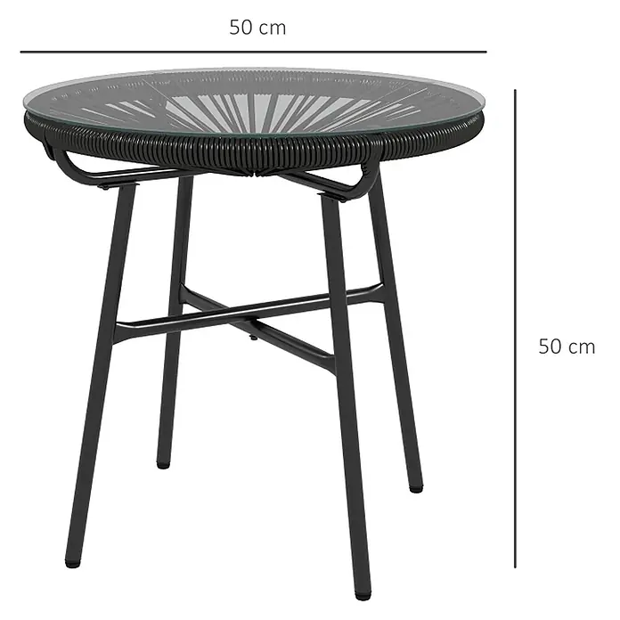 SONNENH Garten-Beistelltisch 50 x 50 x 50 cm Schwarz aus Rattan -  - Kleiner runder Beistelltisch aus schwarzem Metall und Geflecht mit Glasplatte, 50 cm Durchmesser und 50 cm Höhe.