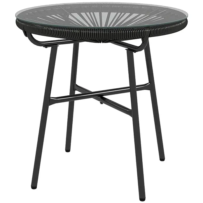 SONNENH Garten-Beistelltisch 50 x 50 x 50 cm Schwarz aus Rattan -  - Runder schwarzer Bistrotisch mit Glasplatte, schwarzem Geflechtrand und schwarzen Metallbeinen mit X-Strebe.